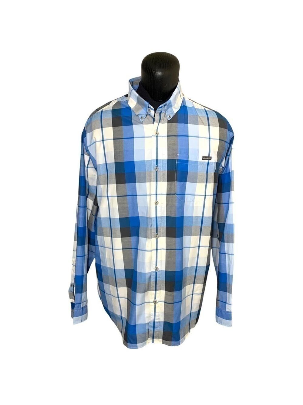 Eddie Bauer Blue White Plaid Active Casual Button Down Shirt Long Sleeves Sz 2XL